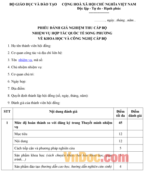 Mẫu phiếu ghi chép đánh giá nghiệm thu cấp bộ nhiệm vụ hợp tác quốc tế song phương
