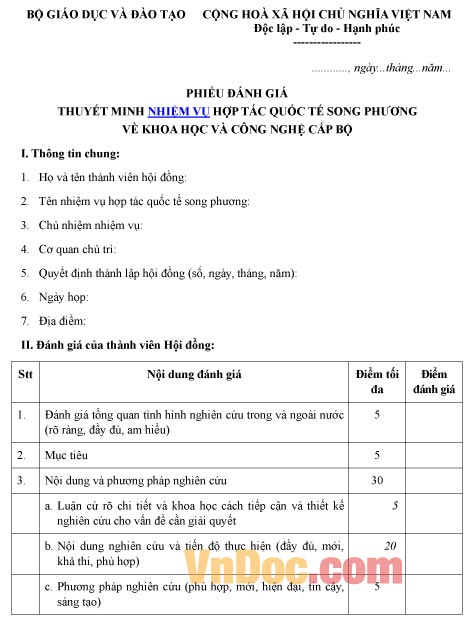 Mẫu phiếu đánh giá về việc thuyết minh nhiệm vụ hợp tác quốc tế song phương