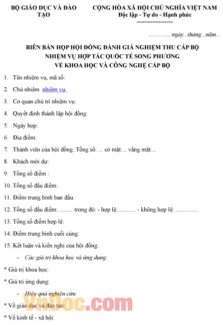 Mẫu biên bản về việc họp hội đồng đánh giá nghiệm thu cấp bộ nhiệm vụ hợp tác quốc tế song phương