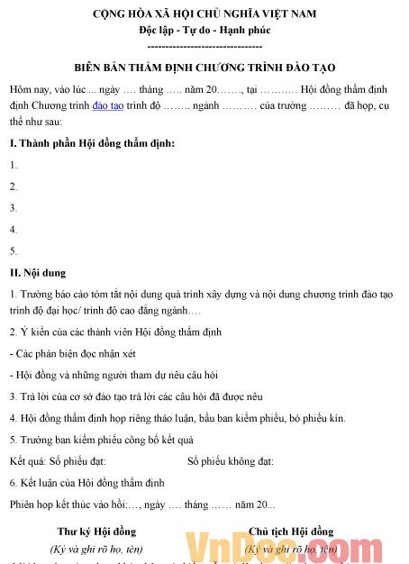 Mẫu biên bản về việc thẩm định chương trình đào tạo