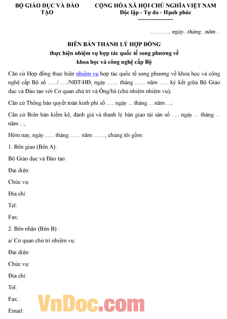 Mẫu biên bản ghi chép việc thanh lý hợp đồng thực hiện nhiệm vụ hợp tác quốc tế song phương