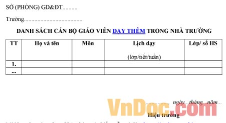 Mẫu danh sách ghi chép cán bộ giáo viên dạy thêm trong nhà trường