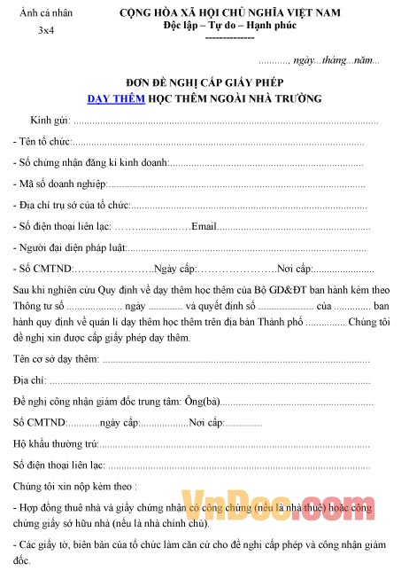 Mẫu đơn đề nghị về việc cấp giấy phép dạy thêm học thêm ngoài nhà trường