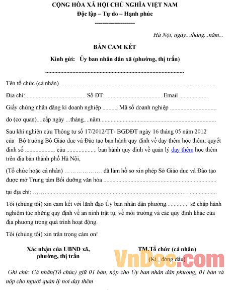 Mẫu bản cam kết về việc dạy thêm, học thêm ngoài nhà trường