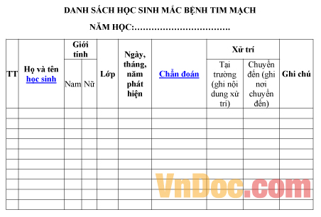 Mẫu danh sách ghi chép số học sinh mắc bệnh tim mạch