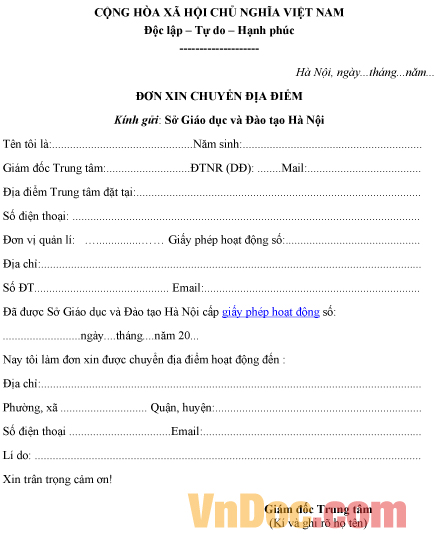 Mẫu đơn xin về việc chuyển địa điểm của trung tâm bồi dưỡng văn hóa