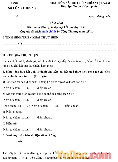 Mẫu báo cáo về kết quả tự đánh giá, xếp loại kết quả thực hiện công tác cải cách hành chính