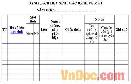 Mẫu danh sách ghi chép học sinh mắc bệnh về mắt