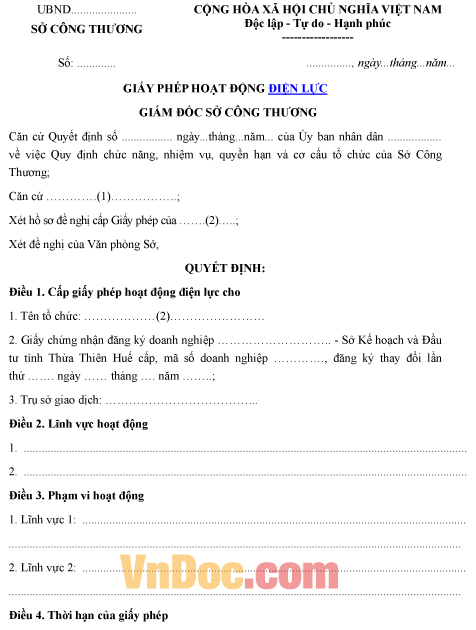 Mẫu giấy phép ghi chép về hoạt động điện lực