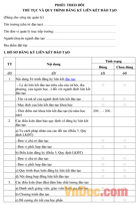 Mẫu phiếu theo dõi về thủ tục và quy trình đăng ký liên kết đào tạo