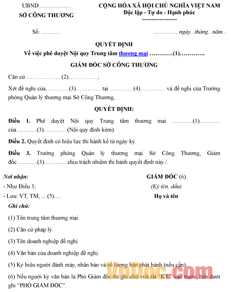Mẫu quyết định về việc phê duyệt nội quy trung tâm thương mại