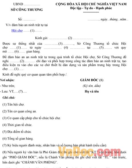 Mẫu công văn đảm bảo an ninh trật tự tại hội trợ