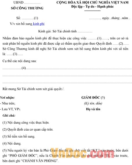 Mẫu công văn về việc xin bổ sung kinh phí