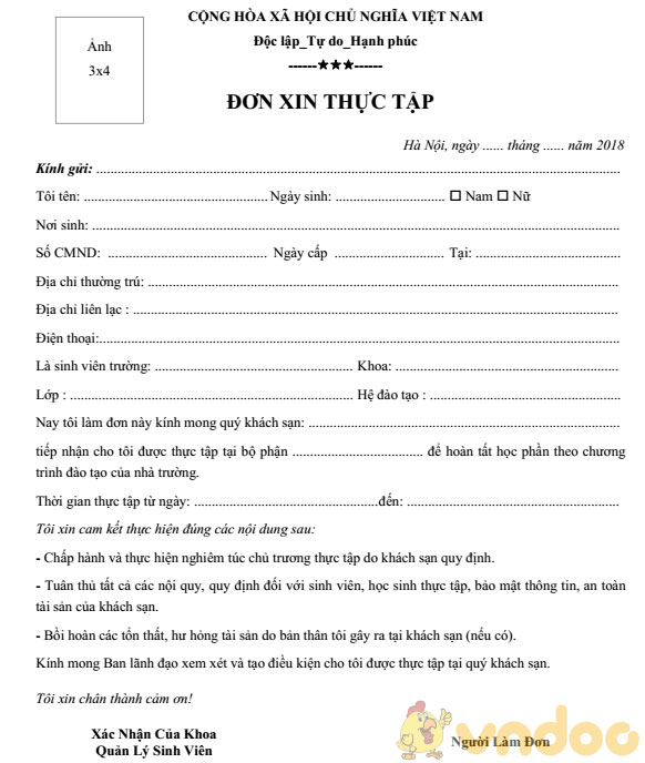 Mẫu đơn xin thực tập tại khách sạn