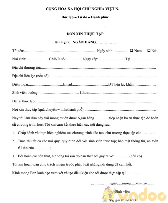 Đơn xin thực tập tại ngân hàng