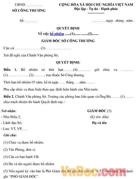 Mẫu quyết định về việc bổ nhiệm cán bộ quản lý