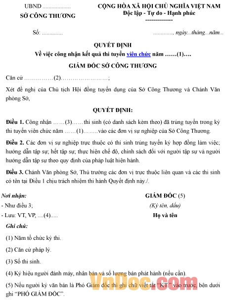 Mẫu quyết định về việc công nhận kết quả thi tuyển viên chức