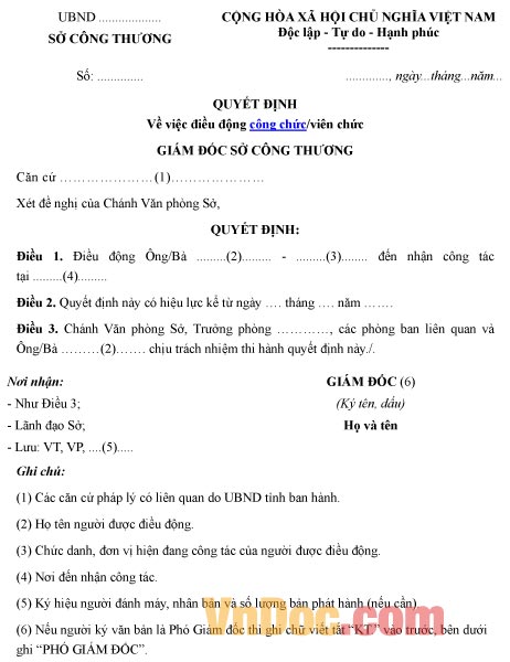 Mẫu quyết định về việc điều động công chức, viên chức