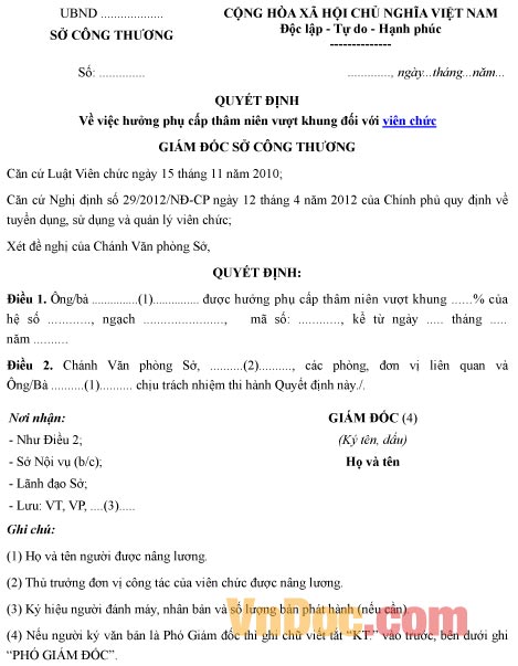 Mẫu quyết định về việc hưởng phụ cấp thâm niên vượt khung đối với viên chức