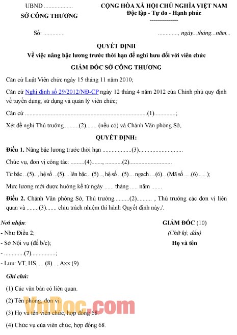 Mẫu quyết định về việc nâng bậc lương trước thời hạn để nghỉ hưu đối với viên chức