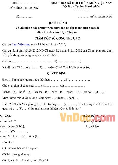 Mẫu quyết định về việc nâng bậc lương trước thời hạn do lập thành tích xuất sắc đối với viên chức