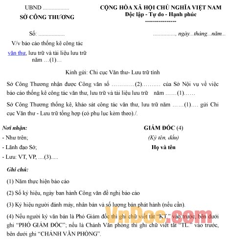 Mẫu công văn báo cáo về việc thống kê công tác văn thư, lưu trữ và tài liệu lưu trữ