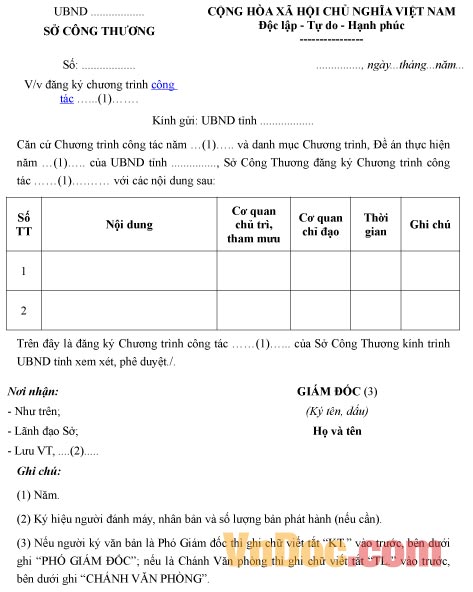 Mẫu công văn về việc đăng ký chương trình công tác