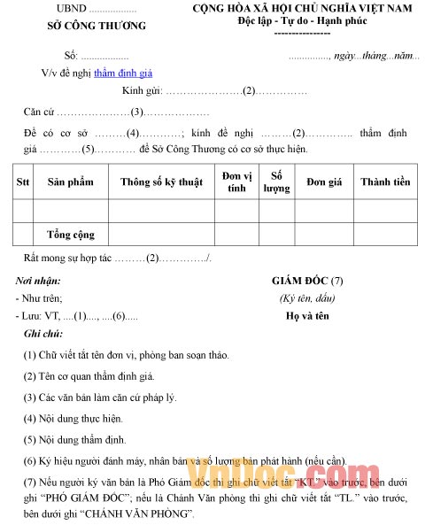 Mẫu công văn đề nghị về việc thẩm định giá