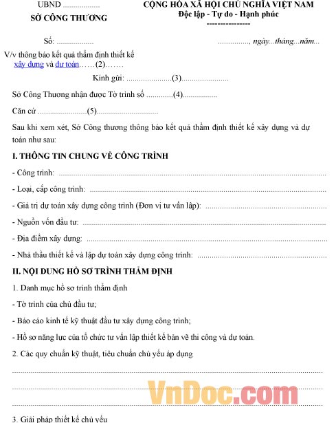 Mẫu công văn thông báo về kết quả thẩm định thiết kế xây dựng và dự toán