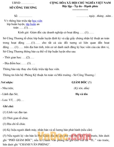 Mẫu công văn thông báo về việc triệu tập học viên lớp huấn luyện, tập huấn an toàn đào tạo