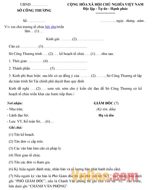 Mẫu công văn về việc xin chủ trương tổ chức hội trợ, triển lãm