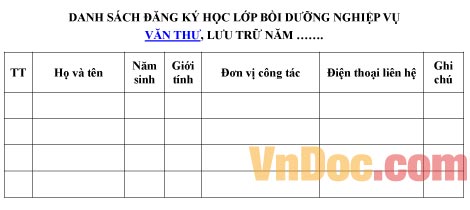 Mẫu danh sách ghi chép đăng ký học lớp bồi dưỡng nghiệp vụ văn thư, lưu trữ