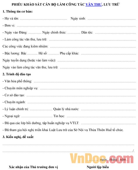 Mẫu phiếu khảo sát về cán bộ làm công tác văn thư, lưu trữ