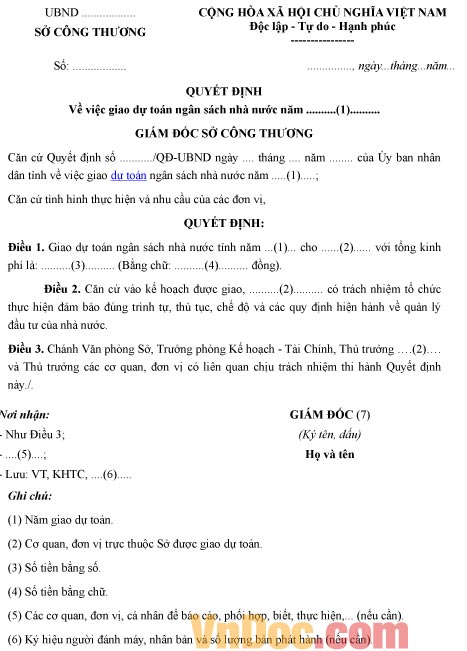 Mẫu quyết định về việc giao dự toán ngân sách nhà nước