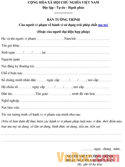 Mẫu bản tường trình của người vi phạm về hành vi sử dụng ma túy trái phép