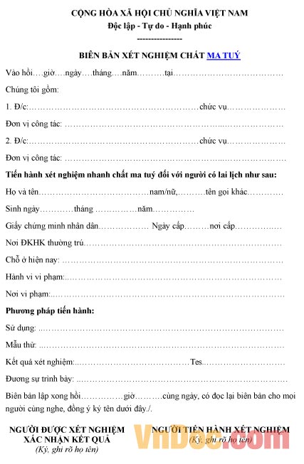 Mẫu biên bản ghi chép xét nghiệm chất ma túy