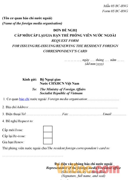 Mẫu đơn xin cấp mới, cấp lại, gia hạn thẻ phóng viên nước ngoài