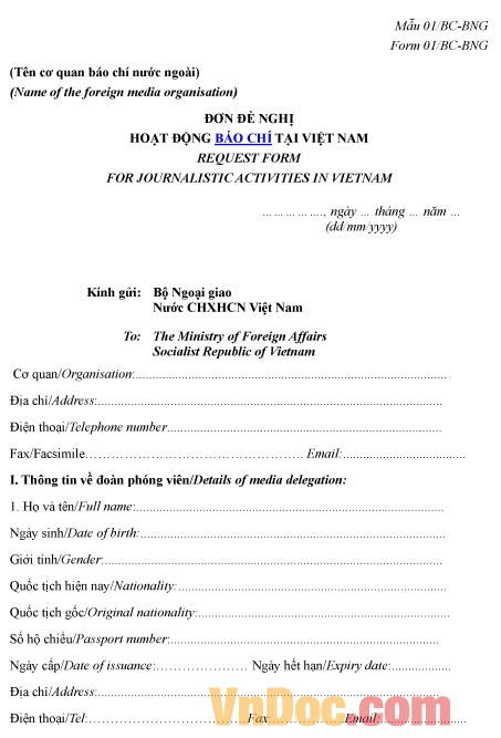 Mẫu đơn đề nghị về việc hoạt động báo chí tại Việt Nam