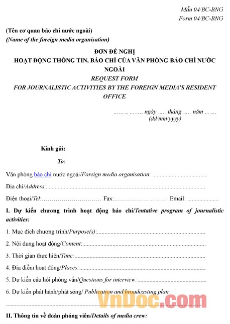 Mẫu đơn xin hoạt động thông tin báo chí của văn phòng báo chí nước ngoài