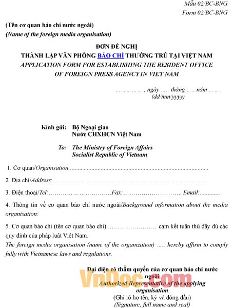 Mẫu đơn xin thành lập văn phòng báo chí thường trú tại Việt Nam
