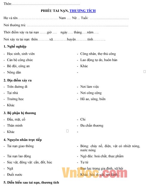 Mẫu phiếu ghi chép tai nạn thương tích