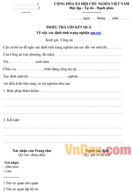Mẫu phiếu trả lời kết quả về việc xác định tình trạng nghiện ma túy