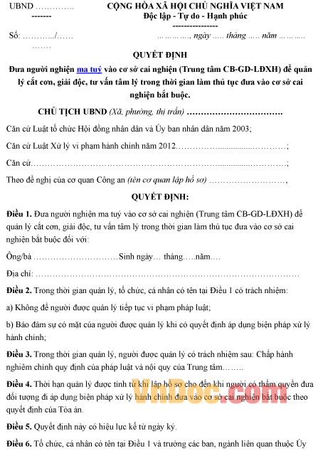 Mẫu quyết định về việc đưa người nghiện ma túy vào cơ sở cai nghiện