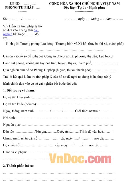 Mẫu văn bản ghi chép kiểm tra tính pháp lý hồ sơ đưa vào trung tâm cai nghiện bắt buộc