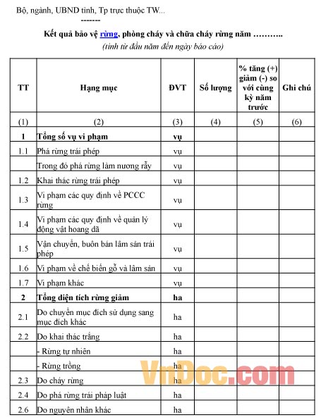 Mẫu báo cáo về kết quả bảo vệ rừng, phòng cháy và chữa cháy rừng