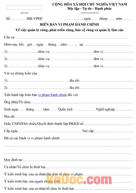 Mẫu biên bản về việc vi phạm hành chính về quản lý rừng