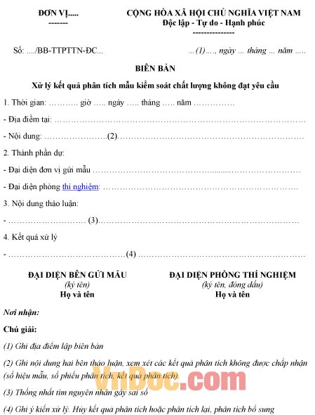 Mẫu biên bản xử lý kết quả phân tích mẫu kiểm soát chất lượng không đạt yêu cầu
