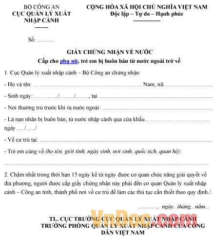 Mẫu giấy chứng nhận về nước cấp cho phụ nữ, trẻ em bị buôn bán từ nước ngoài trở về