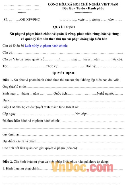 Mẫu quyết định về việc xử phạt vi phạm hành chính về quản lý rừng