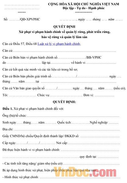 Mẫu quyết định về việc xử phạt vi phạm hành chính về quản lý rừng